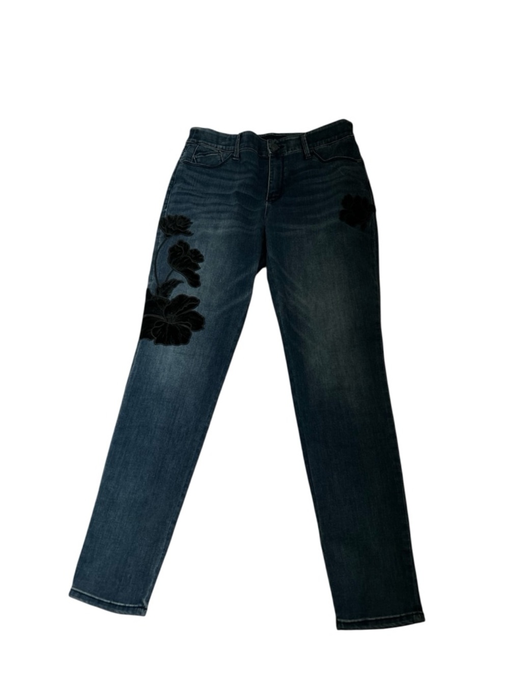 Chico's Dark Blue Straight-Leg Jeans with Black Floral Appliqué